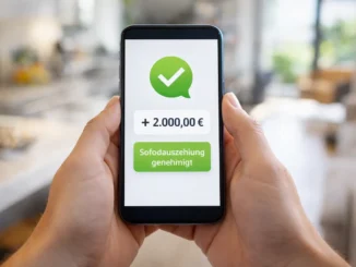 Smartphone zeigt Banking-App mit Gutschrift von +2.000 Euro an, symbolisch für Sofortkredit ohne Schufa und digitale Auszahlung in 24h.