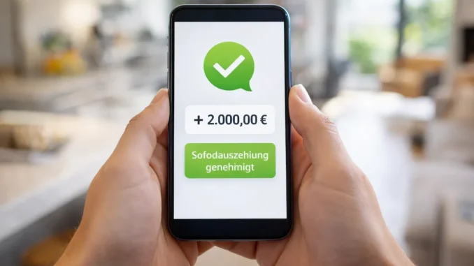 Smartphone zeigt Banking-App mit Gutschrift von +2.000 Euro an, symbolisch für Sofortkredit ohne Schufa und digitale Auszahlung in 24h.