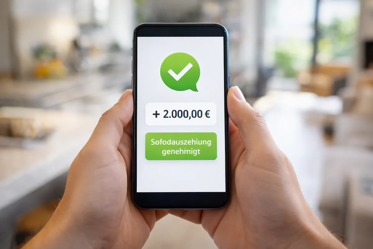 Smartphone zeigt Banking-App mit Gutschrift von +2.000 Euro an, symbolisch für Sofortkredit ohne Schufa und digitale Auszahlung in 24h.