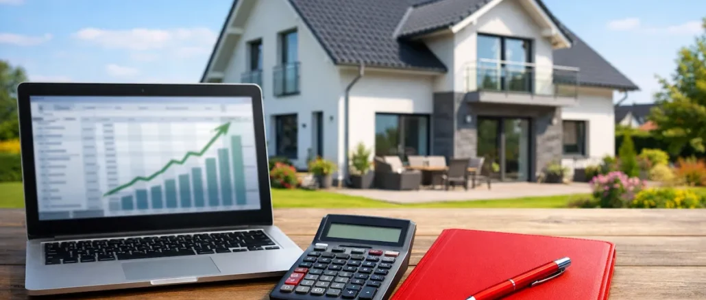 Modernes Einfamilienhaus mit Laptop und Taschenrechner, symbolisch für Sparkasse Hypothekenzinsen 2026 und Baufinanzierungsrechner.