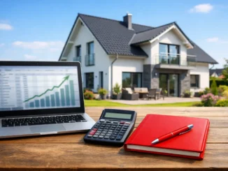 Modernes Einfamilienhaus mit Laptop und Taschenrechner, symbolisch für Sparkasse Hypothekenzinsen 2026 und Baufinanzierungsrechner.