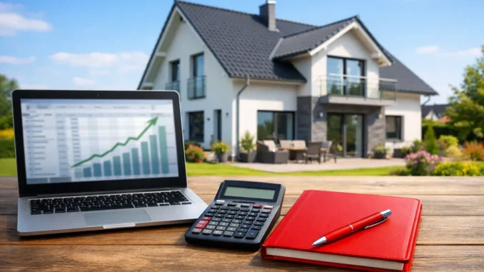 Modernes Einfamilienhaus mit Laptop und Taschenrechner, symbolisch für Sparkasse Hypothekenzinsen 2026 und Baufinanzierungsrechner.