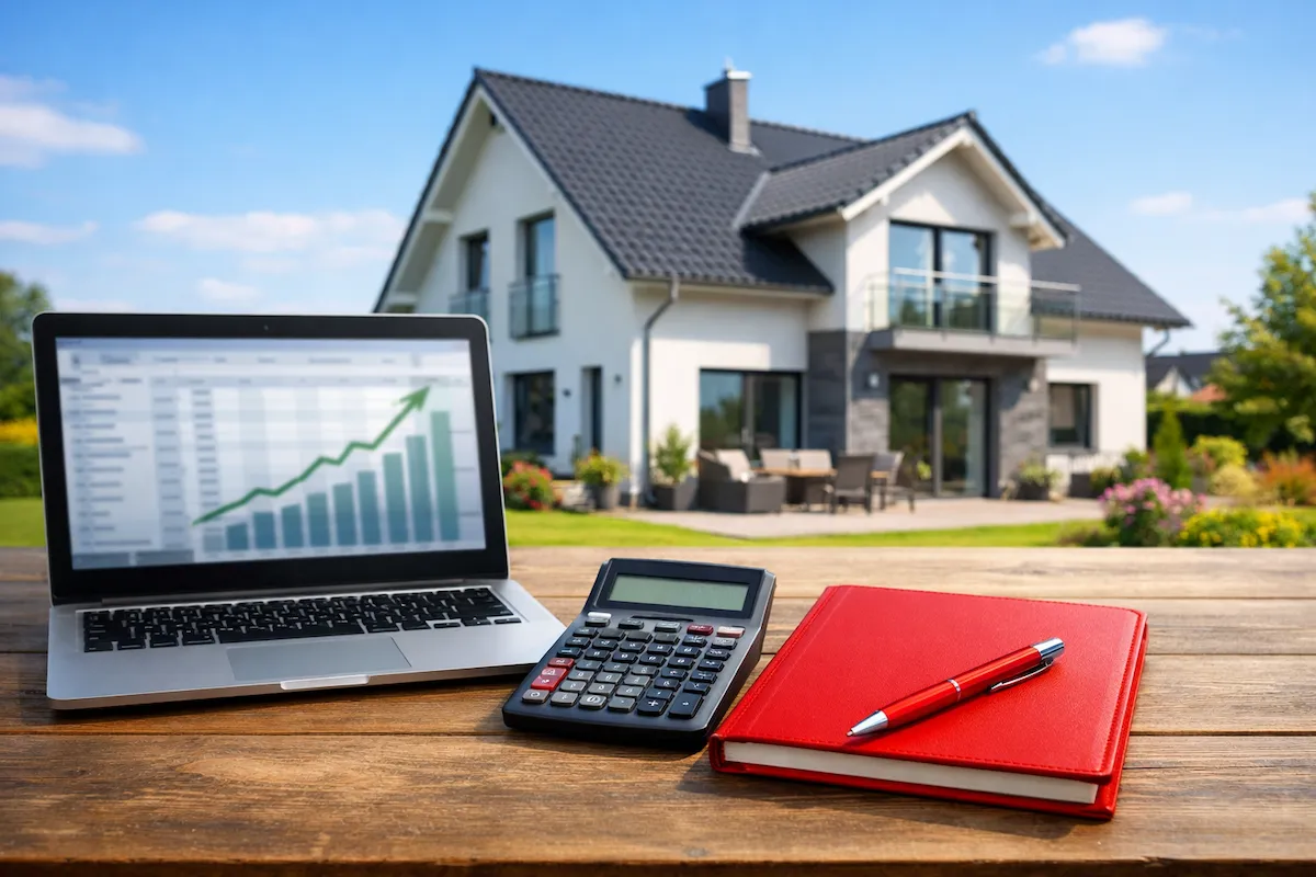 Modernes Einfamilienhaus mit Laptop und Taschenrechner, symbolisch für Sparkasse Hypothekenzinsen 2026 und Baufinanzierungsrechner.