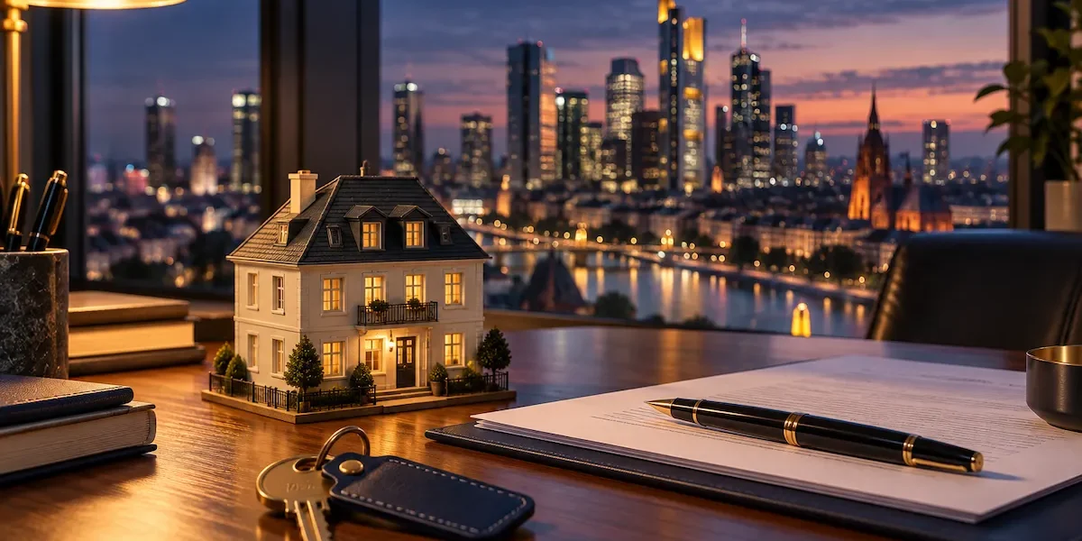 Deutsche Bank Hypothekenzinsen 2026 – Modellhaus, Vertrag und Schlüssel vor der Frankfurter Skyline