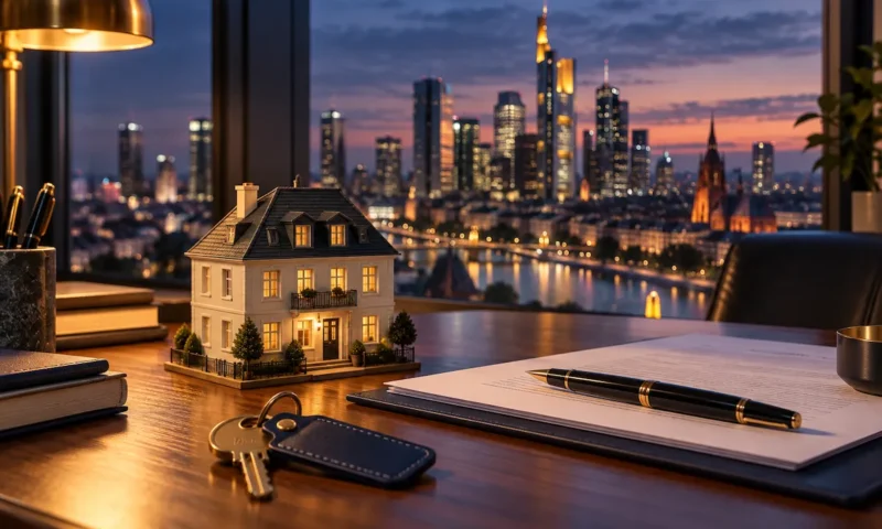 Deutsche Bank Hypothekenzinsen 2026 – Modellhaus, Vertrag und Schlüssel vor der Frankfurter Skyline