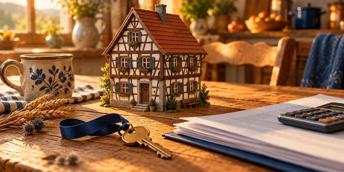 Volksbank Hypothekenzinsen 2026 – Modellhaus mit Schlüssel und Finanzierungsunterlagen
