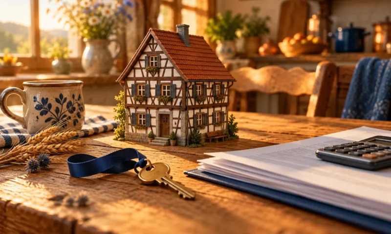 Volksbank Hypothekenzinsen 2026 – Modellhaus mit Schlüssel und Finanzierungsunterlagen